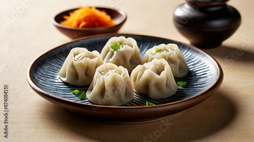 High-resolution image of a white plate containing five steamed dumplings