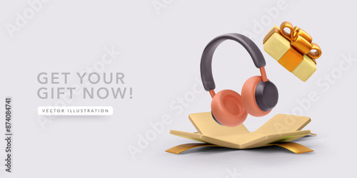 Headphones flies out of the gift box in cartoon style. Vector illustration