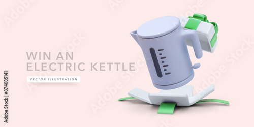 Electric kettle flies out of the gift box in cartoon style. Vector illustration