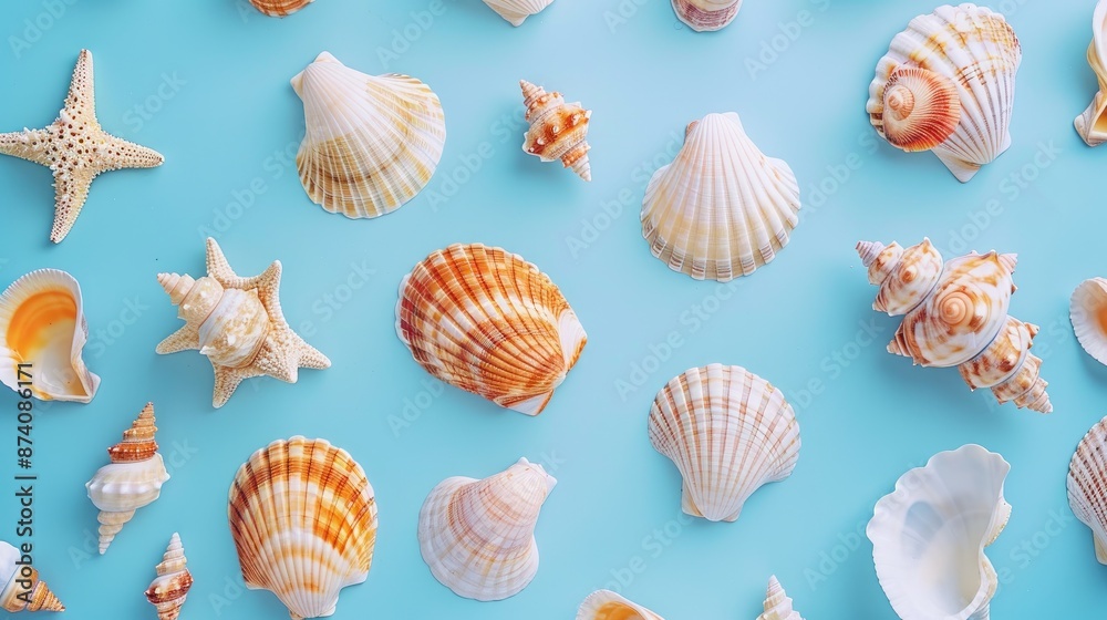 Summer theme featuring seashells from above flat lay Summer theme featuring seashells from above flat lay