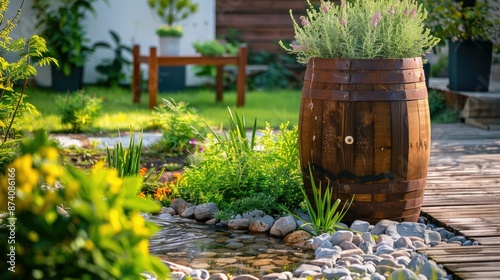 Rainwater Harvesting System in the Garden with Barrel: Ecological Concept for Plants Watering, Reusing Water Concept photo