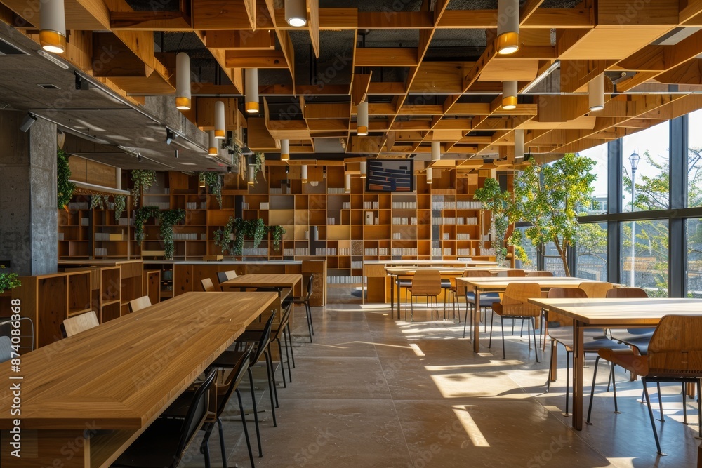 Interior of a modern cafe with wooden tables and chairs. Interior of a modern cafe with wooden tables and chairs.