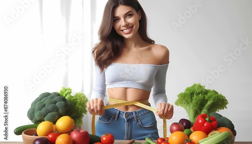 Healthy weight management, healthy lifestyle, fitness, weight loss, woman is smiling and measuring her waist with a tape measure, variety of fresh fruits and vegetables around her.