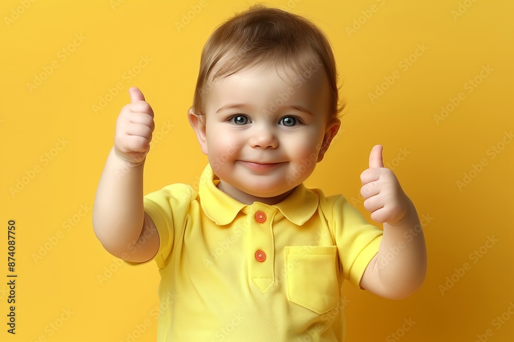 Baby Giving Thumbs Up, Smiling Expression, Wearing Yellow Shirt, Isolated On Yellow Background, Positive And Happy, Concept Of Approval And Joy, Bright Colors, Studio Shot Baby Giving Thumbs Up, Smiling Expression, Wearing Yellow Shirt, Isolated On Yellow Background, Positive And Happy, Concept Of Approval And Joy, Bright Colors, Studio Shot