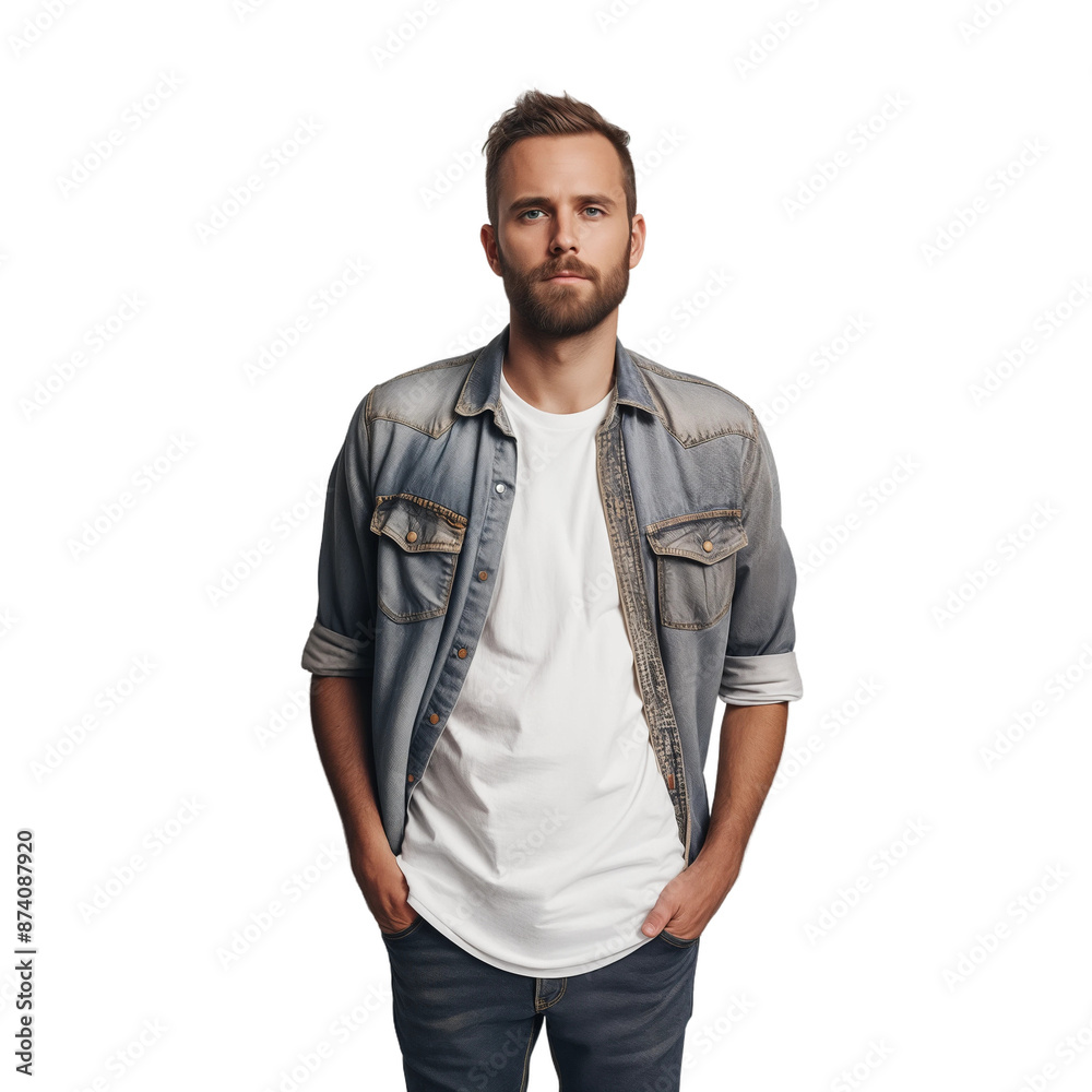 Fototapeta premium Man in Denim Jacket and White T-Shirt, isolated on transparent background.