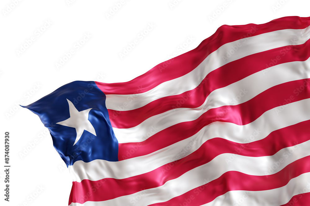Obraz premium Realistic flag of Liberia with folds, on transparent background. Footer, corner design element. Cut out. Perfect for patriotic themes or national event promotions. 3D render.
