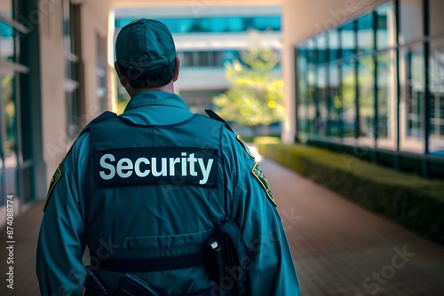 Close-up of a security guard's back with the word "Security" visible, standing in front of a school, highlighting educational institution security