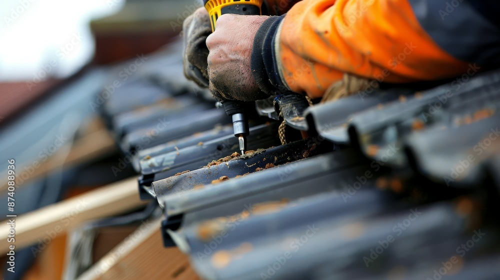 A detailed view of a worker using a drill to secure gutter brackets to the roofline ensuring they are evenly spaced and sturdy, A detailed view of a worker using a drill to secure gutter brackets to the roofline ensuring they are evenly spaced and sturdy,
