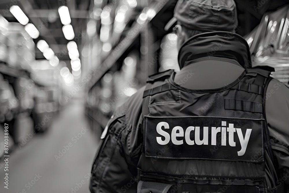 Close-up of a security guard's back with the word Close-up of a security guard's back with the word