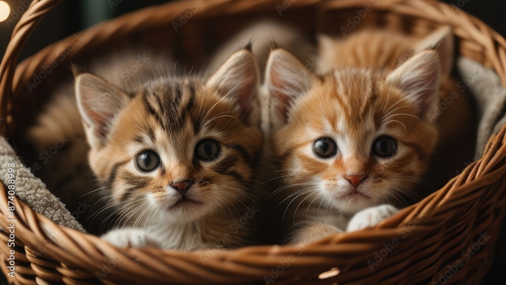 Adorable close-up of a litter of kittens snuggling in a cozy basket, showcasing their soft fur and expressive eyes. Adorable close-up of a litter of kittens snuggling in a cozy basket, showcasing their soft fur and expressive eyes.