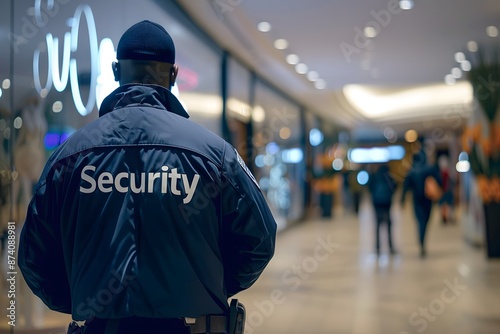 Close-up of a security guard's back with the word 