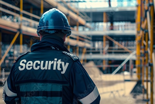 Close-up of a security guard's back with the word 