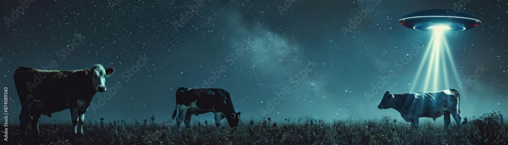 UFO Abducting Cows Focus on a beam of light pulling cows up into a UFO, with a rural night background, empty space left for text UFO Abducting Cows Focus on a beam of light pulling cows up into a UFO, with a rural night background, empty space left for text