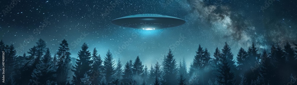 UFO Above Forest Focus on a UFO hovering above a dense forest, with a dark, starry sky background, empty space center for text UFO Above Forest Focus on a UFO hovering above a dense forest, with a dark, starry sky background, empty space center for text