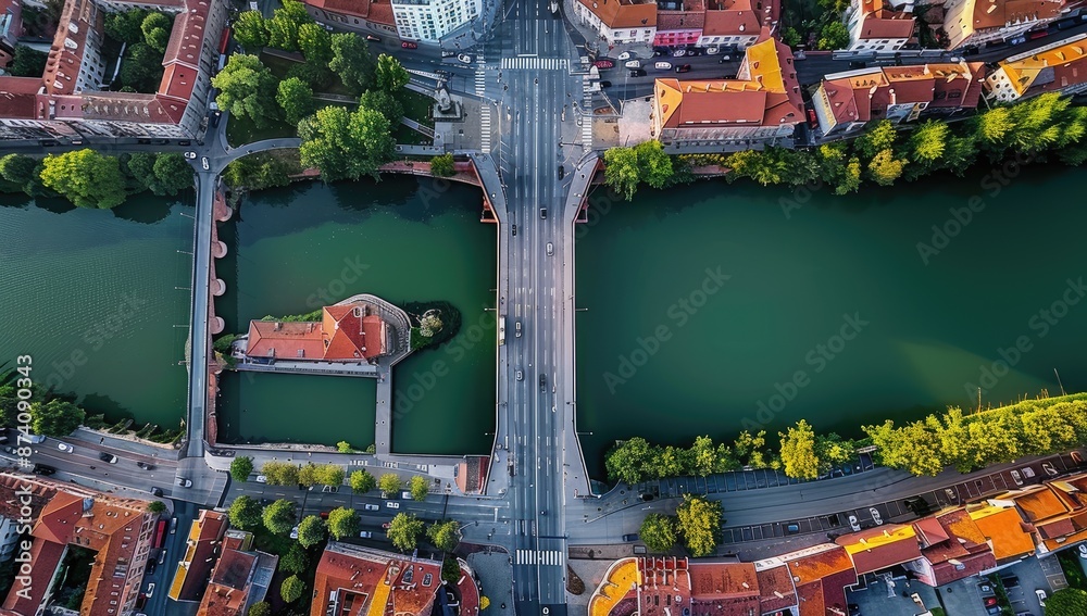 Obraz premium Cityscape with River and Bridges from Above
