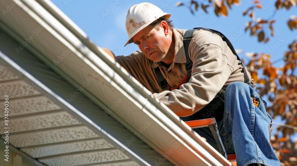 Worker demonstrating proper safety techniques for ladder usage during high gutter installation, Worker demonstrating proper safety techniques for ladder usage during high gutter installation,