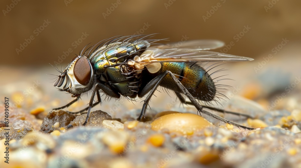 Close-Up of a Common Housefly Perched on Sandy Surface Close-Up of a Common Housefly Perched on Sandy Surface