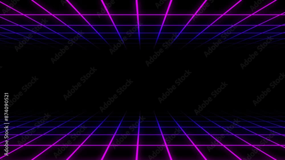 4K retro synthwave vaporwave 80s style purple, blue, pink neon grid video motion background, 3D, 60 fps
