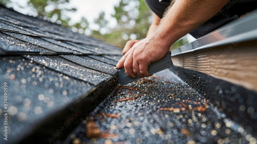 A close up of hands cutting a section of gutter to fit the exact dimensions needed for installation on a residential home, A close up of hands cutting a section of gutter to fit the exact dimensions needed for installation on a residential home,