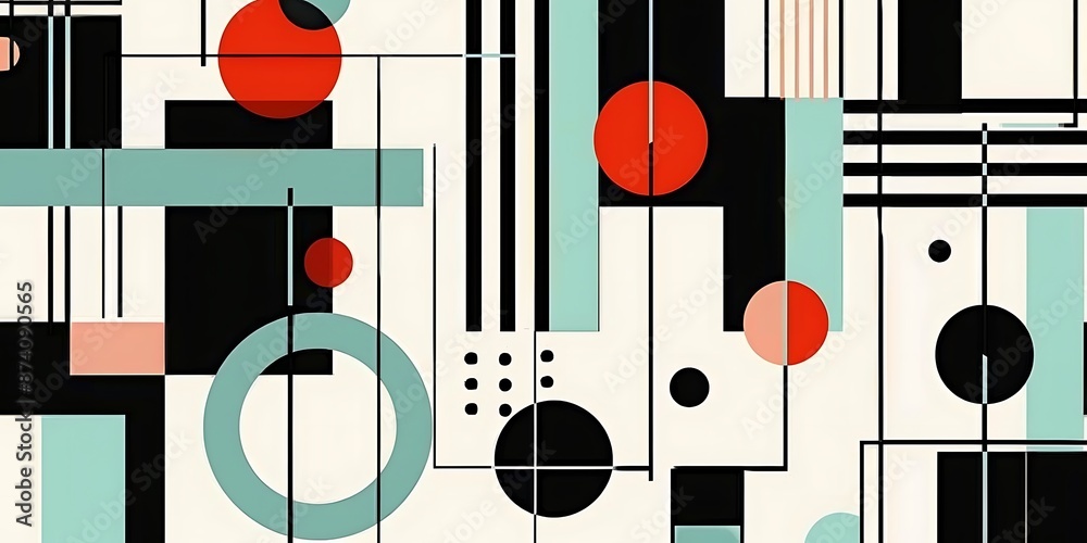 A retro poster with bold geometric shapes and contrasting colors, such as circles, squares and lines forming patterns resembling musical instruments A retro poster with bold geometric shapes and contrasting colors, such as circles, squares and lines forming patterns resembling musical instruments