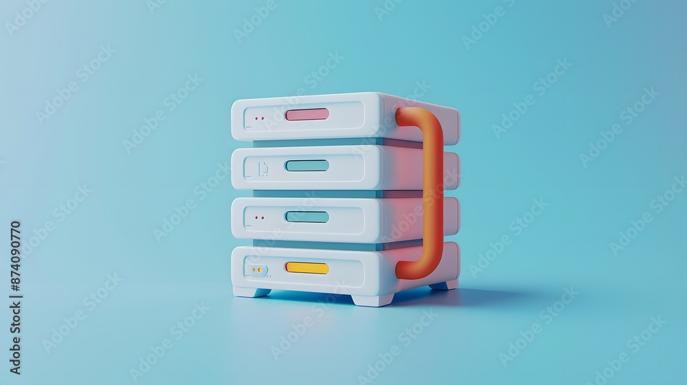 3D illustration of a futuristic data server stack with colorful accents against a blue background, symbolizing modern technology and digital storage. 3D illustration of a futuristic data server stack with colorful accents against a blue background, symbolizing modern technology and digital storage.