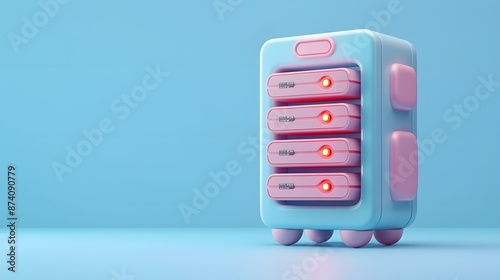 3D illustration of a futuristic server with glowing red lights on a blue background, ideal for technology and data storage concepts.