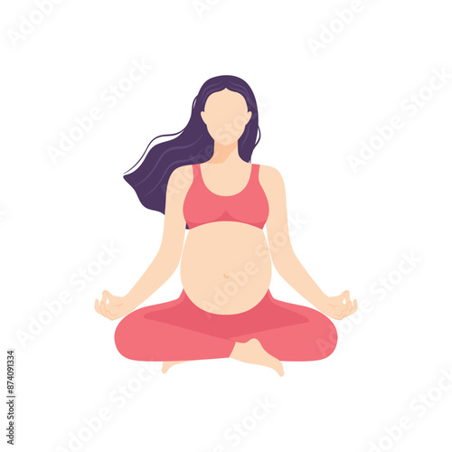 Abstract faceless pregnant woman sitting in lotus pose. Meditating pregnant female practicing perinatal yoga. Healthy pregnancy concept