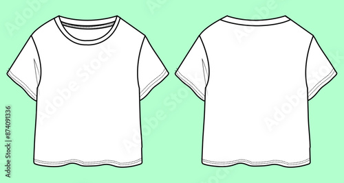 girls short sleeve tee flat sketch vector. 