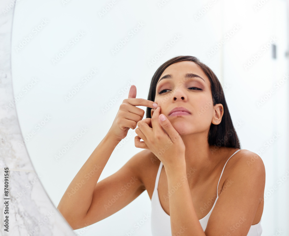 Woman, squeeze pimple and mirror for skincare in home, remove dirt and breakout scar or cleaning. Female person, acne and bathroom for cosmetics or scratch treatment, spot and blackhead for hygiene Woman, squeeze pimple and mirror for skincare in home, remove dirt and breakout scar or cleaning. Female person, acne and bathroom for cosmetics or scratch treatment, spot and blackhead for hygiene