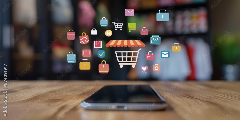 Fototapeta premium Online Shopping Concept with Smartphone and Icons