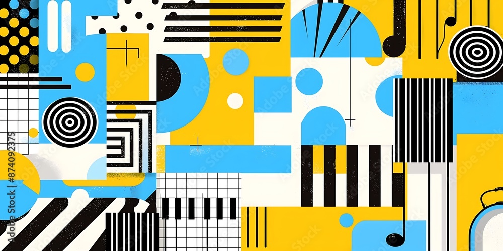 A retro poster with bold geometric shapes and contrasting colors, such as circles, squares and lines forming patterns resembling musical instruments A retro poster with bold geometric shapes and contrasting colors, such as circles, squares and lines forming patterns resembling musical instruments