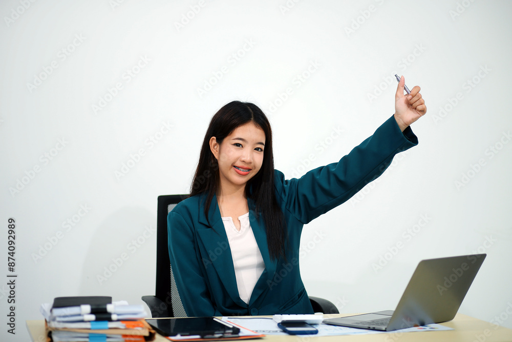 Business, finance and employment, female successful entrepreneurs concept. Friendly smiling office manager greeting new coworker. Businesswoman welcome clients with hand wave, hold laptop Business, finance and employment, female successful entrepreneurs concept. Friendly smiling office manager greeting new coworker. Businesswoman welcome clients with hand wave, hold laptop