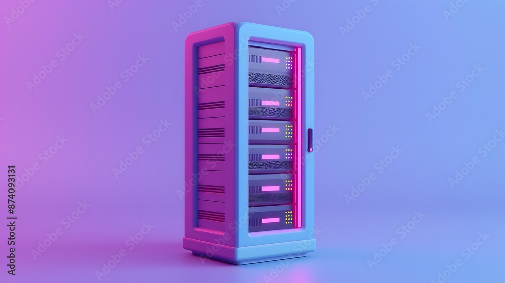 Colorful data server cabinet with vibrant lights in a modern, futuristic setting. Technology and network concept for data storage solutions.