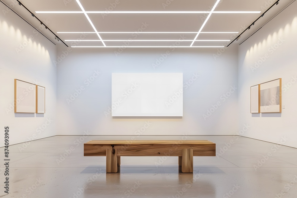 close up A modern art gallery, blank mock-up frame, empty wooden bench in the center.