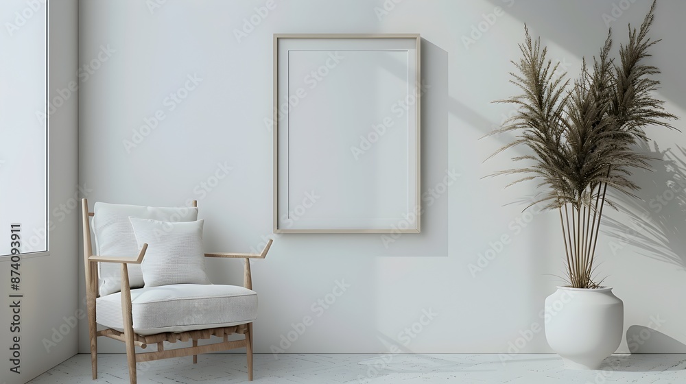 Minimalist Frame Mockup Next to Sleek Modern Chair in Stylish Studio Setting Minimalist Frame Mockup Next to Sleek Modern Chair in Stylish Studio Setting