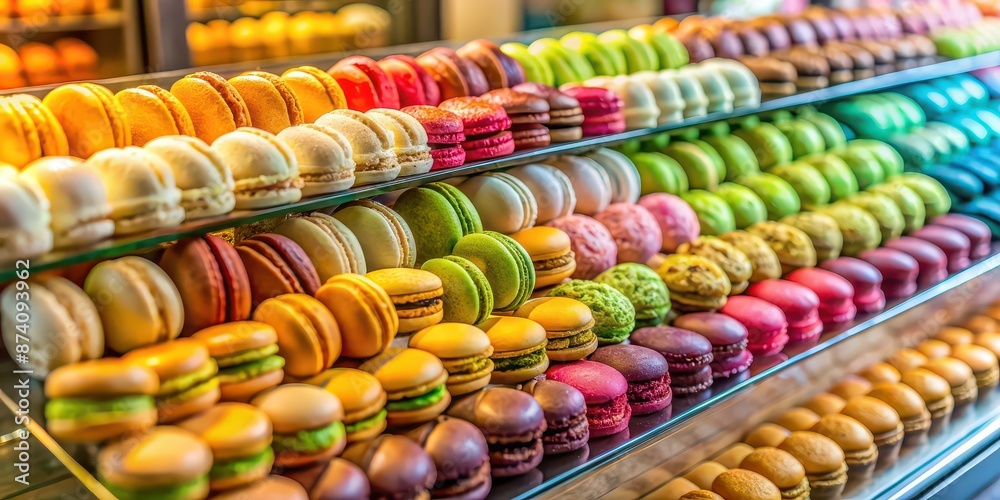 Colorful macarons and pastries displayed in a bakery shop window, macarons, pastries, desserts, colorful, bakery, shop Colorful macarons and pastries displayed in a bakery shop window, macarons, pastries, desserts, colorful, bakery, shop