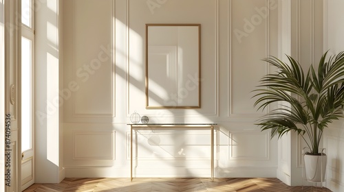 Minimalist Glass Console Table in Clean Contemporary Interior with Frame Mockup
