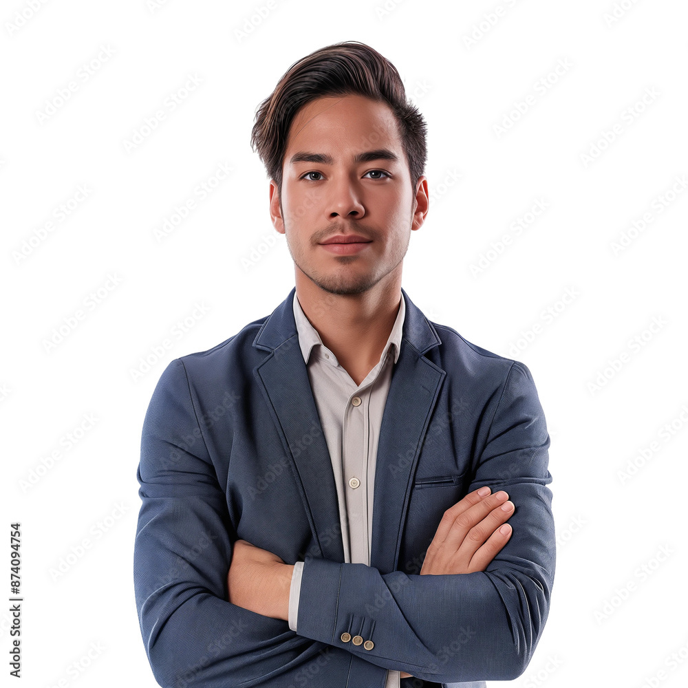 Confident businessman with crossed arms in blue suit, isolated on transparent background. Confident businessman with crossed arms in blue suit, isolated on transparent background.
