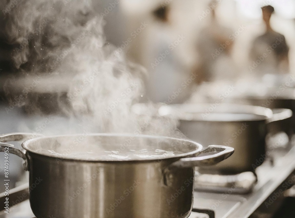 Pot with steam in the kitchen of a restaurant, with chefs and personal working unfocused behind it