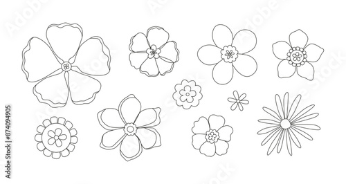 Flower power. Delicate outline retro groovy flowers. Hand drawn line art.  Floral summer and spring meadow. Doodles. Coloring book.