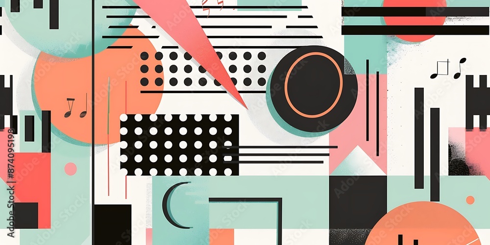 A retro poster with bold geometric shapes and contrasting colors, such as circles, squares and lines forming patterns resembling musical instruments A retro poster with bold geometric shapes and contrasting colors, such as circles, squares and lines forming patterns resembling musical instruments