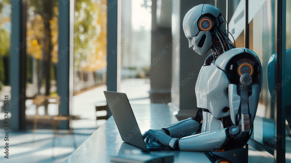 Robot humanoid use laptop and sit at table in future office while using AI thinking brain , artificial intelligence and machine learning process Robot humanoid use laptop and sit at table in future office while using AI thinking brain , artificial intelligence and machine learning process