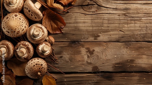 Autumn Harvest: Rustic Mushrooms and Fallen Leaves on Wooden Background