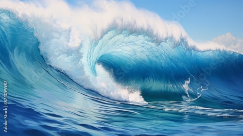 A powerful ocean wave crashing against a sandy beach..
