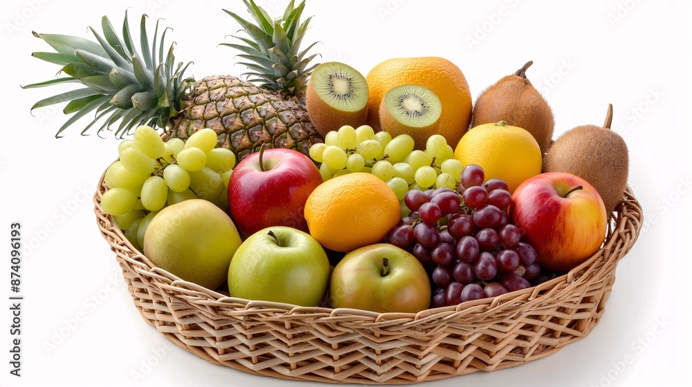 Beautiful arrangement of fruit in a wicker basket. Beautiful arrangement of fruit in a wicker basket.