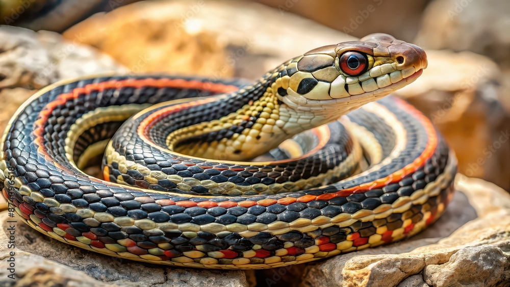 Close-up photo of a slithering garter snake on a textured rock surface, reptile, wildlife, serpent, scales, nature Close-up photo of a slithering garter snake on a textured rock surface, reptile, wildlife, serpent, scales, nature