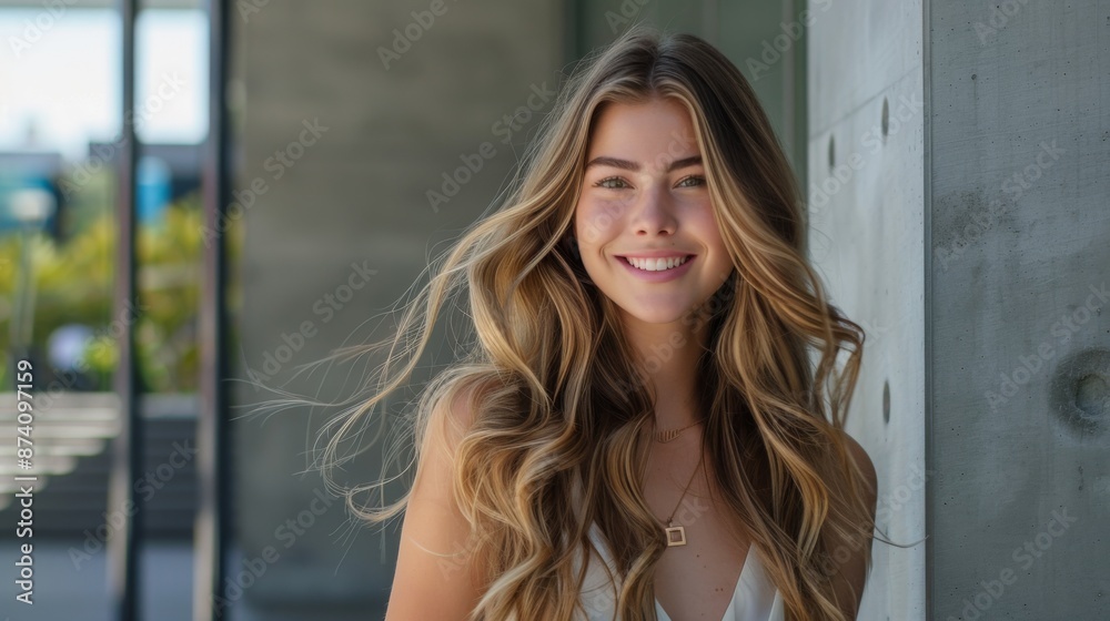 A beautiful woman with long, flowing hair smiling confidently in a stylish urban setting. A beautiful woman with long, flowing hair smiling confidently in a stylish urban setting.