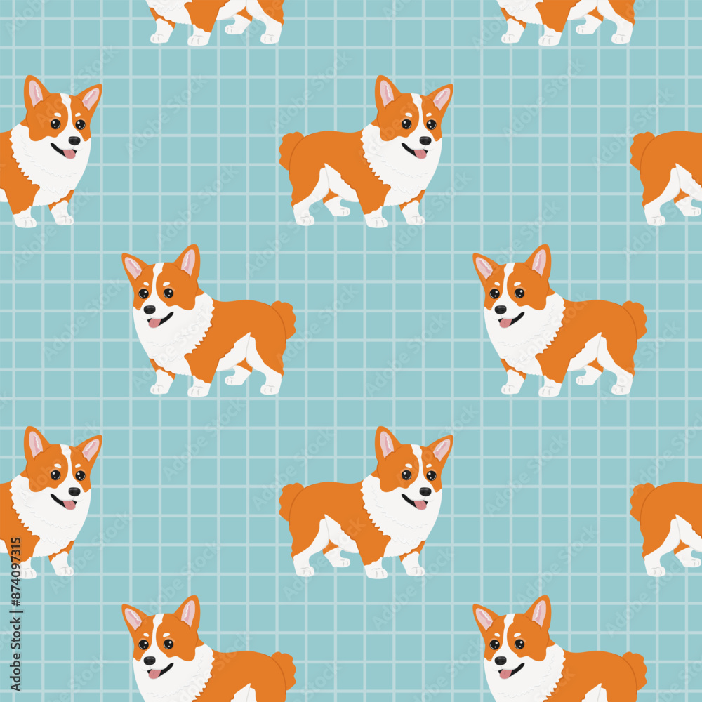 Obraz premium Seamless corgi pattern on blue checkered background. Vector corgi animal background. Funny little doggy seamless pattern