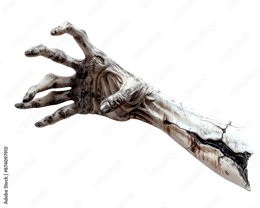 Fototapeta premium A ghostly hand, Halloween prop, realistic drawing, reaching out, isolated on white background,