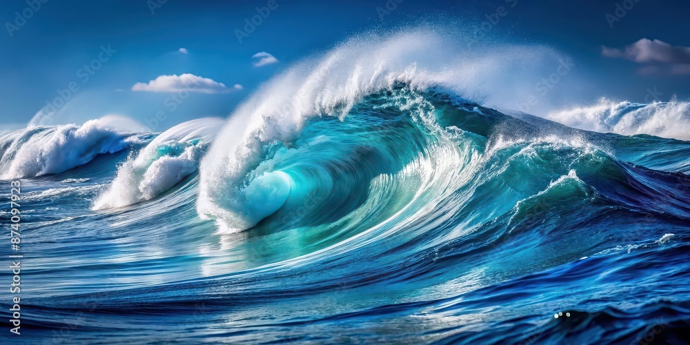 Close up of high waves in deep blue sea , stormy, ocean, powerful, dangerous, turbulent, dramatic, water, foam, splash